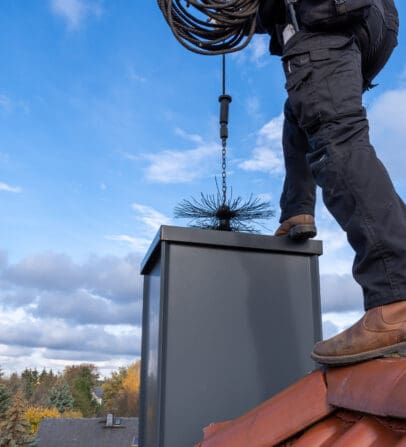 Chimney,Sweep,Cleaning,A,Chimney,Standing,On,The,House,Roof,